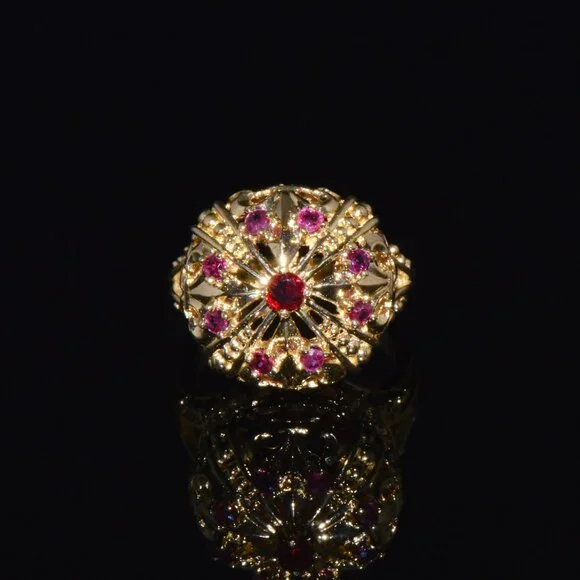 Vintage Franklin Mint Natural Ruby 18K 750 Solid Gold Etruscan Crown Dome Ring